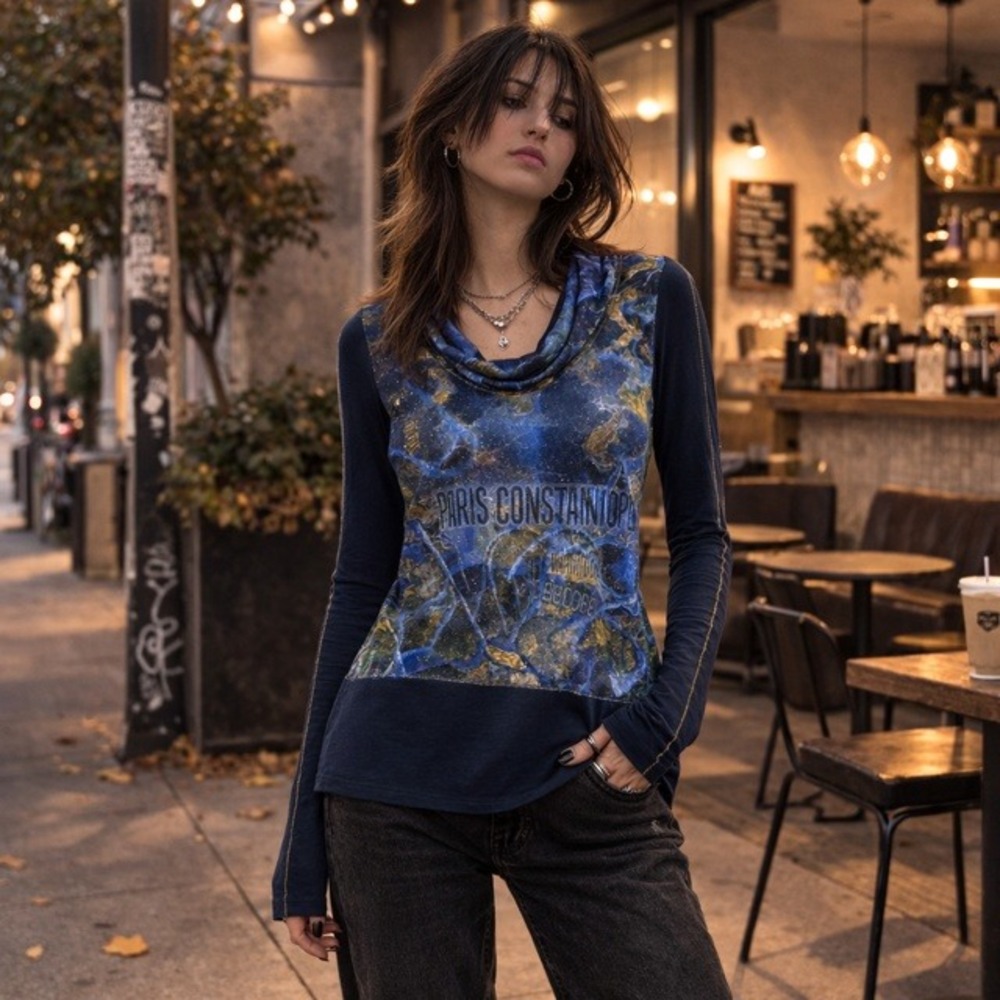 Dolcezza‎ Simply Art Paris Constantinople Cowl Neck Long Sleeve Top Blue Med